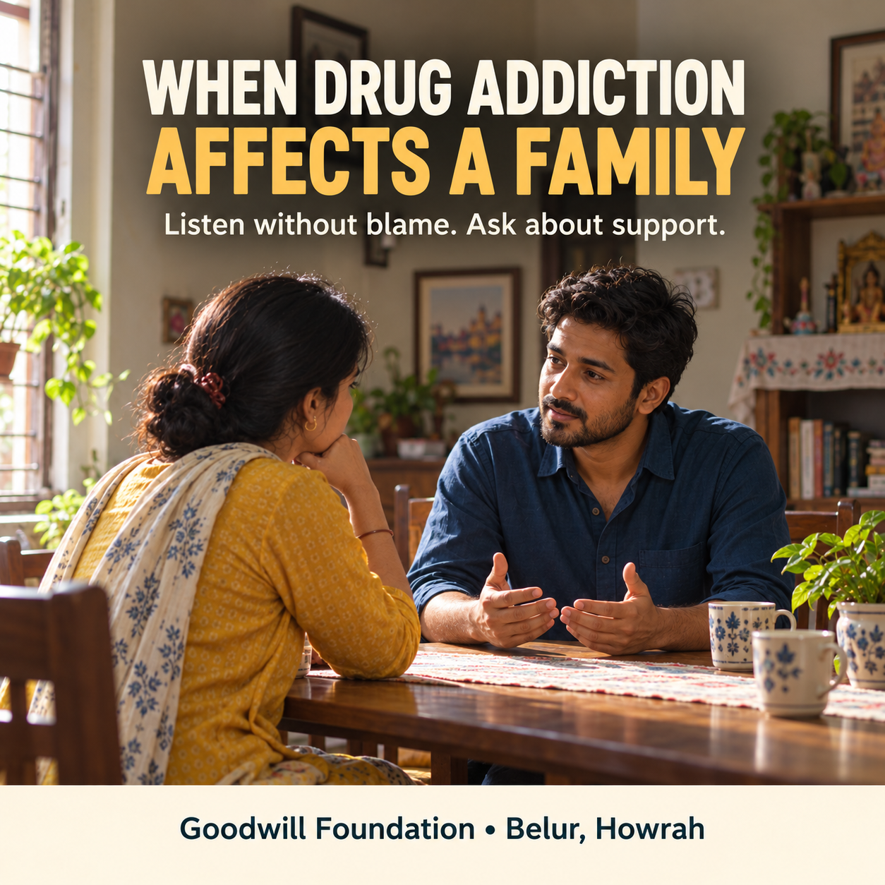 AI-generated staged scene of two adults discussing drug addiction and family support at home