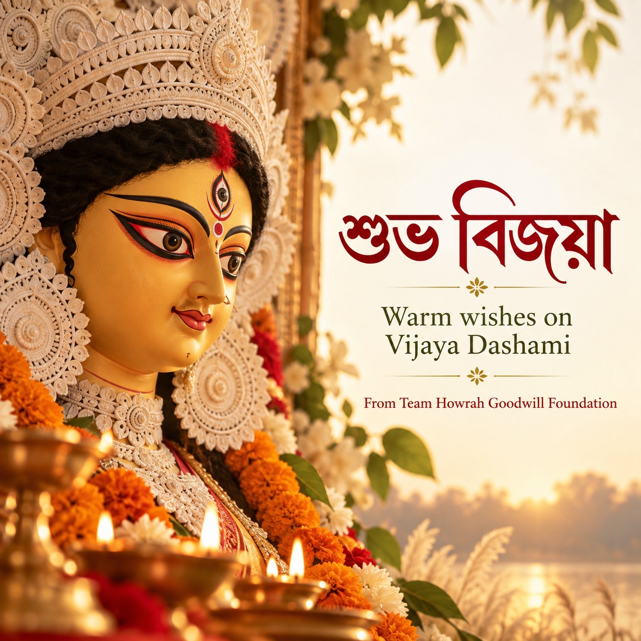 Illustrated Maa Durga idol with Shubho Bijoya and Vijaya Dashami wishes from Team Howrah Goodwill Foundation