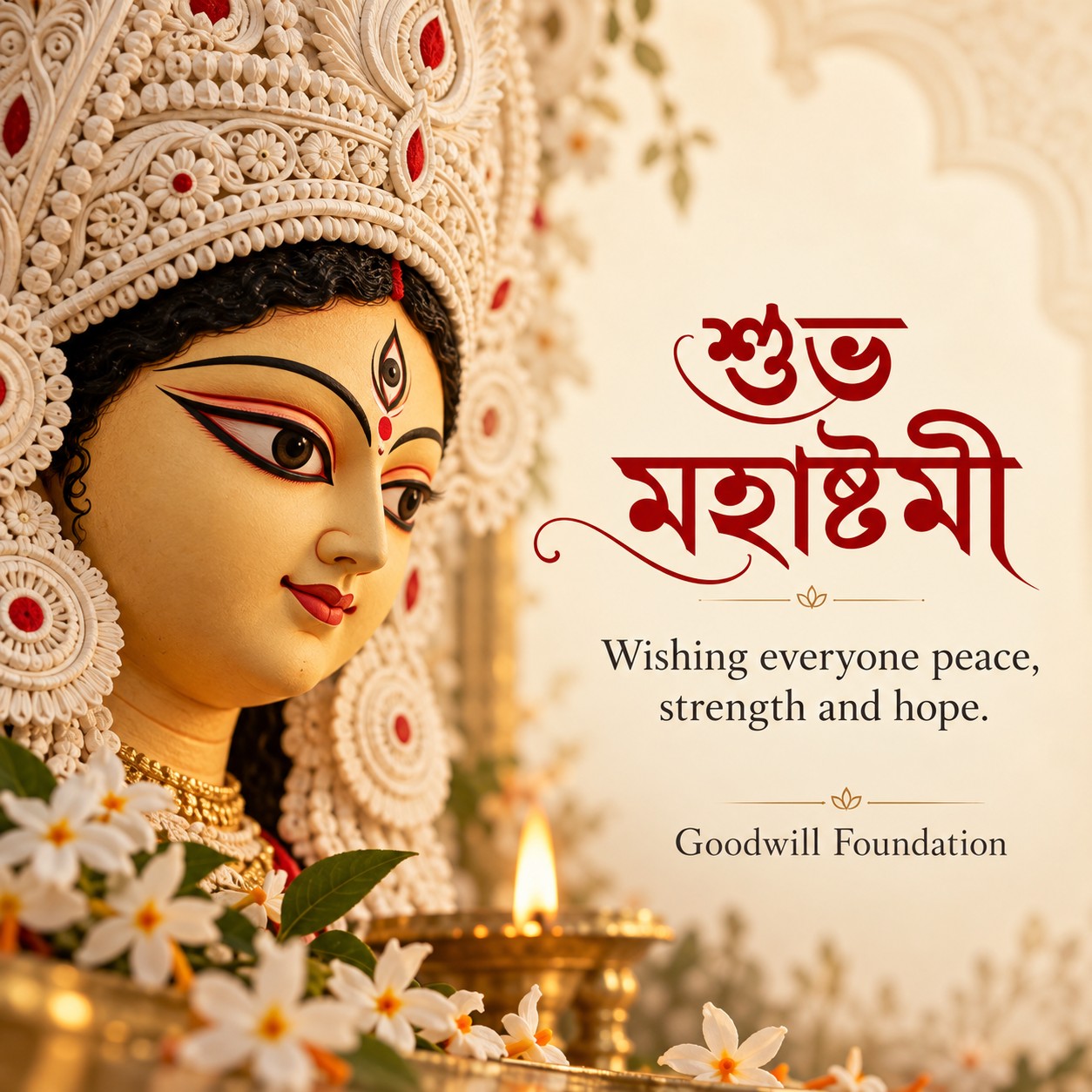 Traditional Maa Durga idol with Maha Ashtami greetings from Goodwill Foundation: peace, strength and hope.