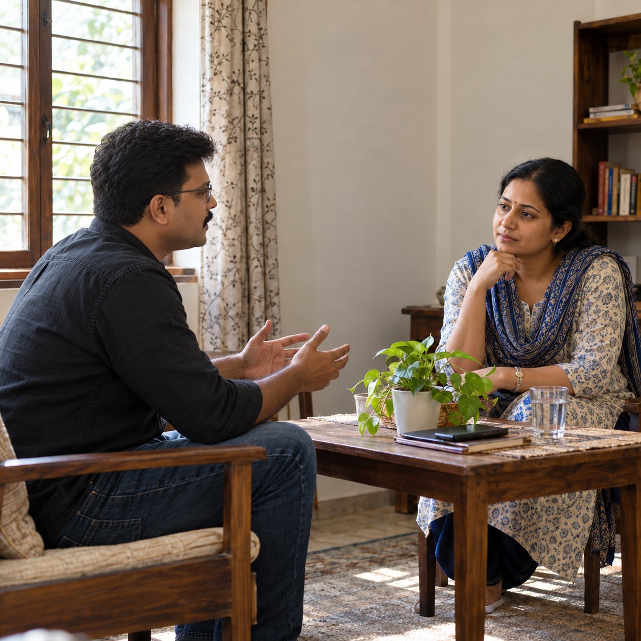 AI-composited scene featuring Goodwill Foundation administrator in a supportive conversation with a fictional adult; not an actual meeting.